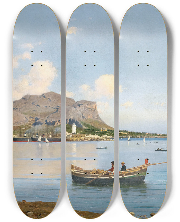 Triptych art skateboard deck of Francesco Lojacono Mount Pellegrino Palermo by Francesco Lojacono (1838-1915)