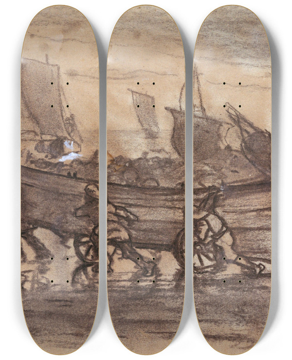 Triptych art skateboard deck of Winslow Homer Fishermen Beaching A Dory Cullercoats England by Winslow Homer (1836-1910)