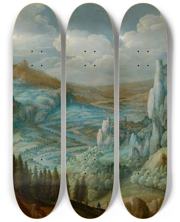 Triptych art skateboard deck of Tobias Verhaecht An Extensive Mountainous Landscape With Travellers On A Path by Tobias Verhaecht (1561-1631)