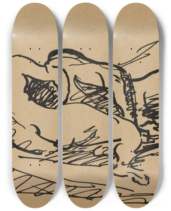 Triptych art skateboard deck of Albert Weisgerber Reclining Nude by Albert Weisgerber (1878-1915)