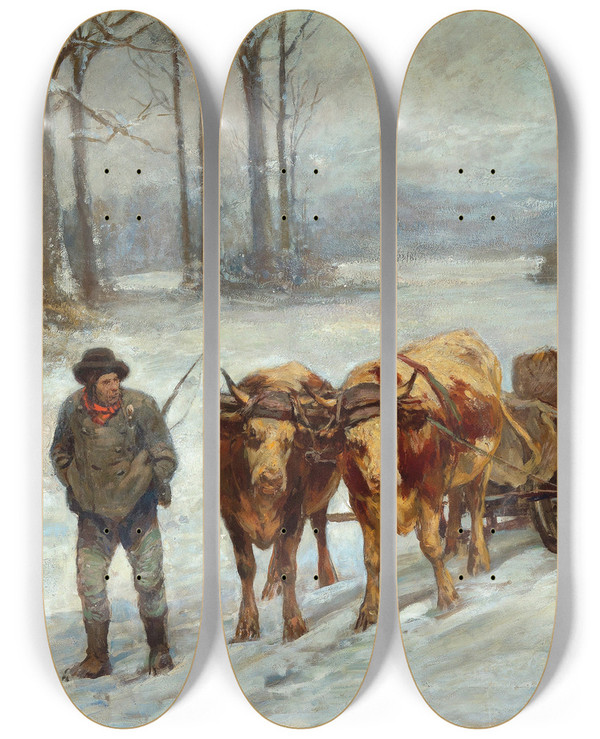 Triptych art skateboard deck of Franz Xaver Von Pausinger Loggers In Winter by Franz Xaver von Pausinger (1839-1915)