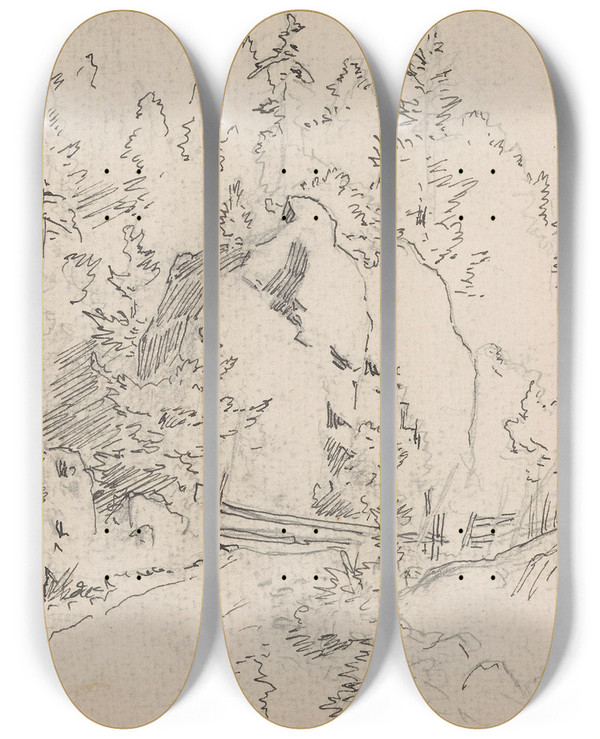 Triptych art skateboard deck of Hans Gude Landskap Med Vei by Hans Gude (1825-1903)