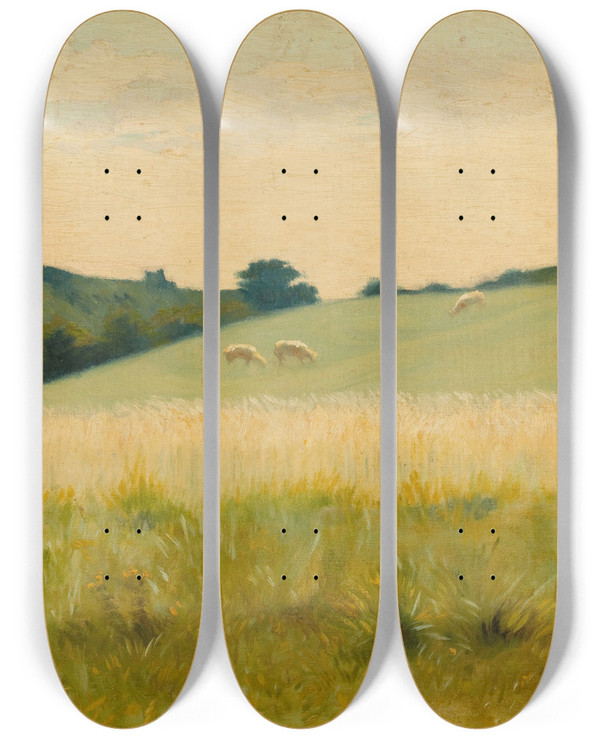 Triptych art skateboard deck of Alphonse Osbert Dans Les Champs De Dilette Manche by Alphonse Osbert (1857-1939)
