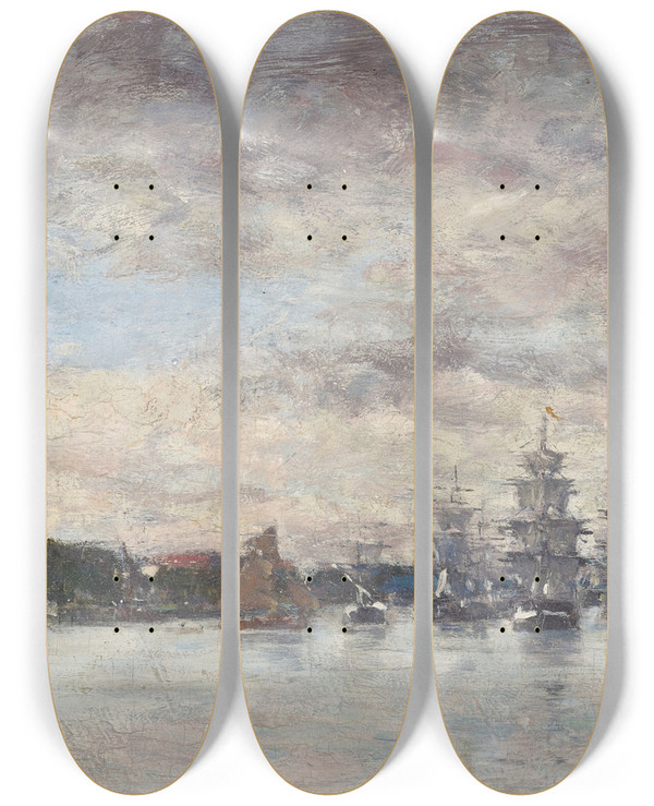 Triptych art skateboard deck of Eugne Boudin Anvers Bateaux Sur Lescaut by Eugene Boudin (1824-1898)