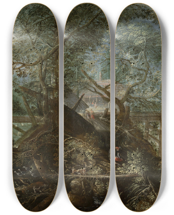 Triptych art skateboard deck of Pieter Stevens Landscape With A Mill by Pieter Stevens (1567-1624)