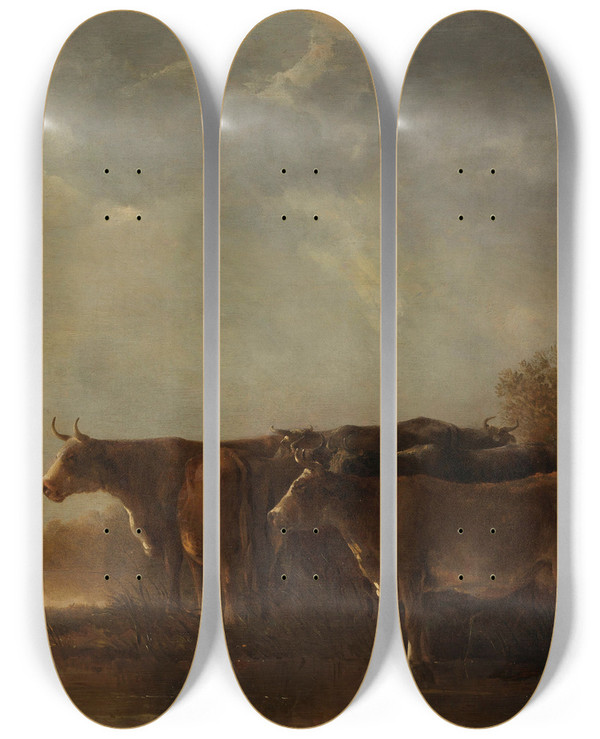 Triptych art skateboard deck of Aelbert Cuyp River Landscape With Cows_2 by Aelbert Cuyp (1620-1691)