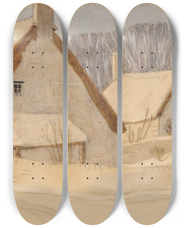 Triptych art skateboard deck of Arthur Joseph Gaskin Cottages In Snow by Arthur Joseph Gaskin (1862-1928)