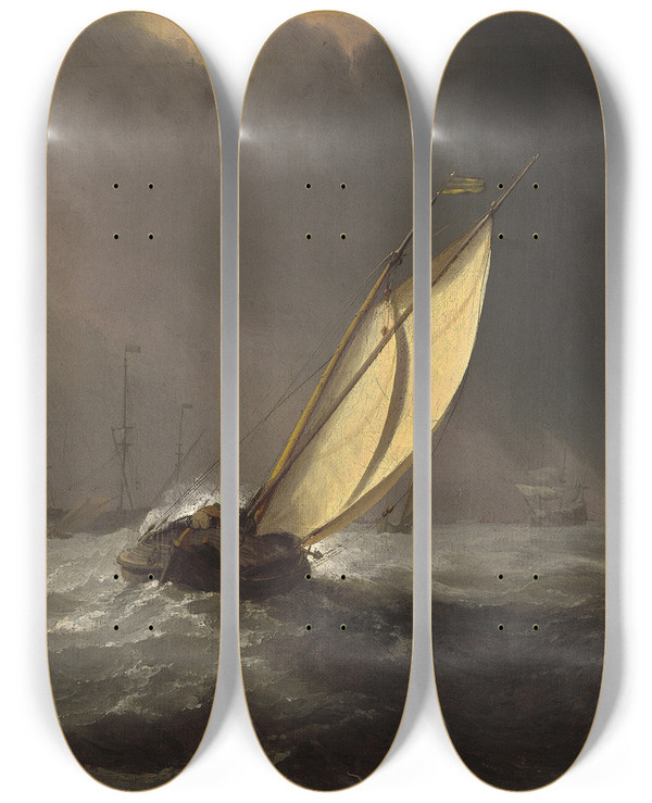 Triptych art skateboard deck of Willem Van De Velde The Younger Before The Storm by Willem van de Velde the Younger (1633-1707)
