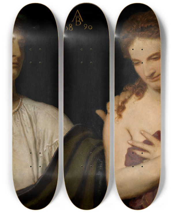 Triptych art skateboard deck of Arnold Bcklin Armut Und Sorge by Arnold Bocklin (1827-1901)