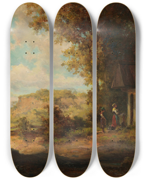 Triptych art skateboard deck of Willy Moralt Mdchen Vor Waldkapelle by Willy Moralt (1884-1947)