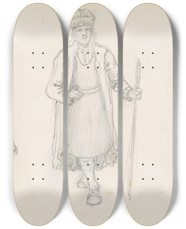 Triptych art skateboard deck of Adolph Tidemand Three Male Figures_1 by Adolph Tidemand (1814-1876)