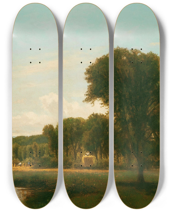 Triptych art skateboard deck of George Inness Medfield Landscape by George Inness (1825-1894)