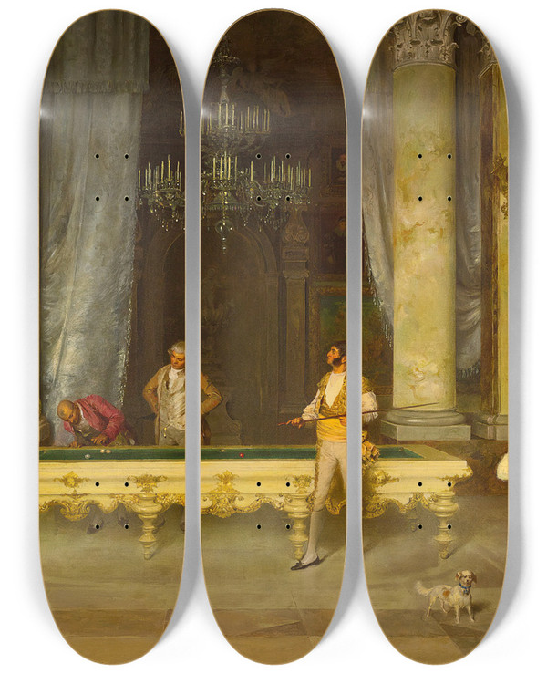 Triptych art skateboard deck of Francesco Beda A Game Of Billiards_1 by Francesco Beda (1840-1900)