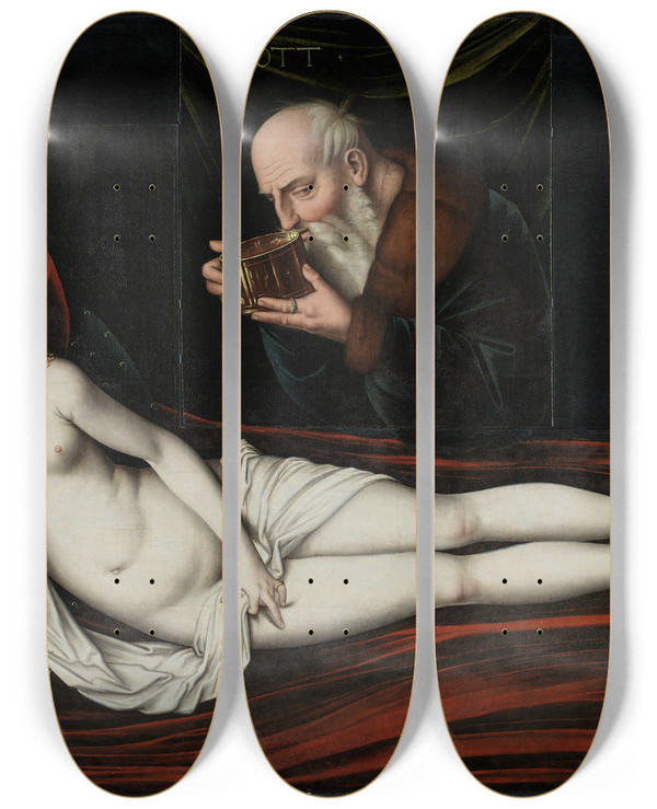 Triptych art skateboard deck of Hans Baldung Die Ltere Tochter Lots by Hans Baldung (1484-1545)