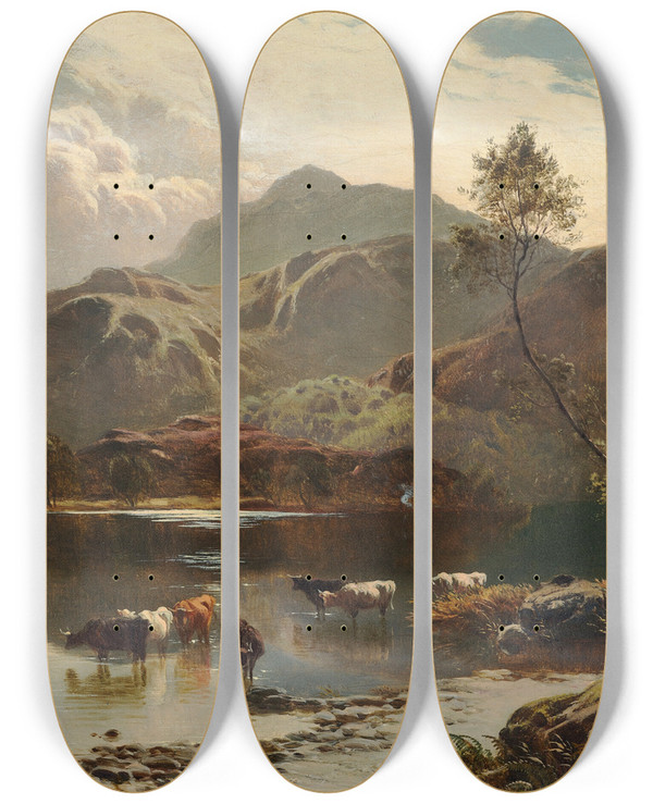 Triptych art skateboard deck of Sidney Richard Percy Loch Katrine by Sidney Richard Percy (1821-1886)