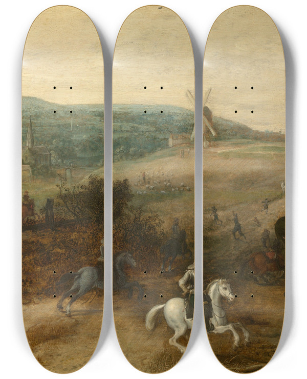 Triptych art skateboard deck of Sebastian Vrancx Landscape With Travellers Attacked By Robbers_2 by Sebastian Vrancx (1573-1647)