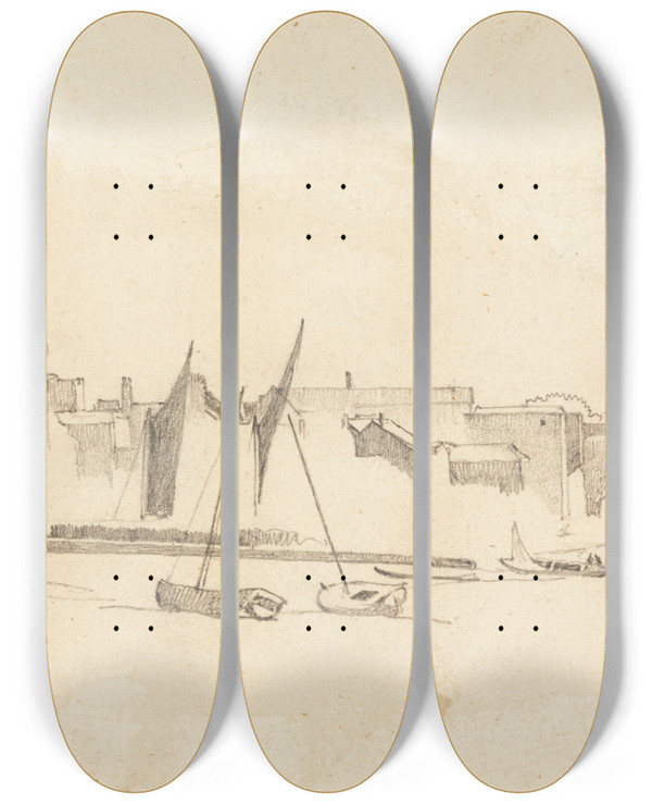 Triptych art skateboard deck of Cornelius Varley Small Boats In Harbor by Cornelius Varley (1781-1873)