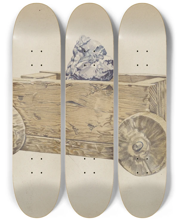 Triptych art skateboard deck of Frank Eiseman Miners Cart by Frank Eiseman