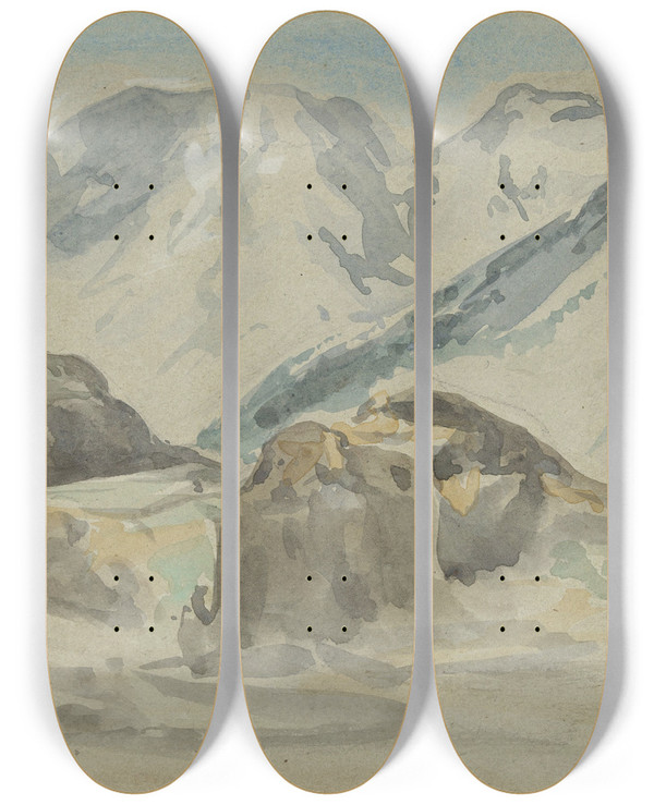 Triptych art skateboard deck of Eugne Delacroix Mountain Landscape by Eugene Delacroix (1798-1863)