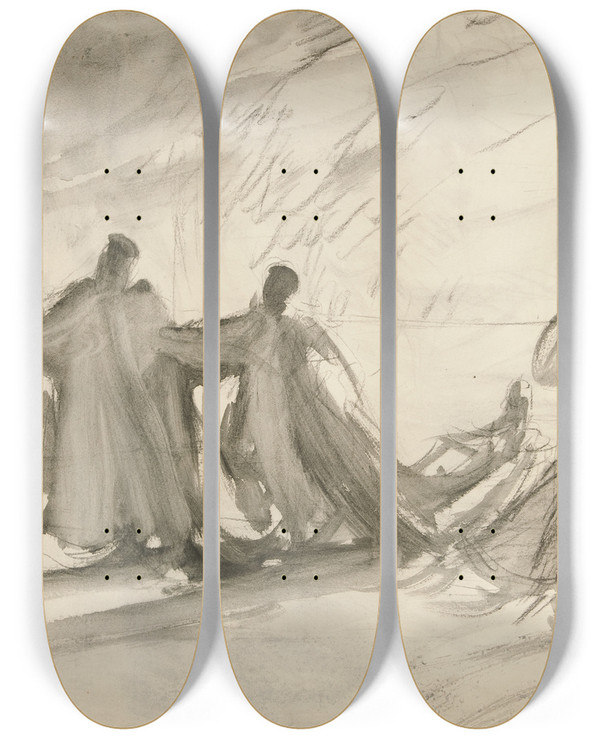 Triptych art skateboard deck of Edwin Austin Abbey Rough Sketch For Thedance by Edwin Austin Abbey (1852-1911)