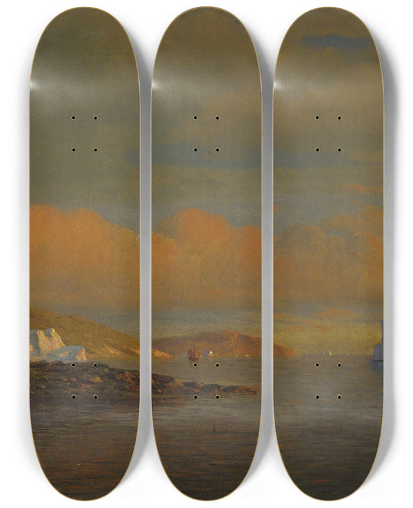 Triptych art skateboard deck of William Bradford Arctic Sunset by William Bradford (1823-1892)
