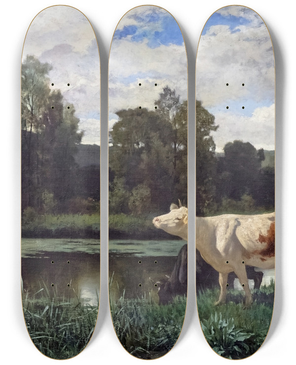 Triptych art skateboard deck of Edouard Bernard Debatponsan The Cows by Edouard Bernard Debat-Ponsan (1847-1913)