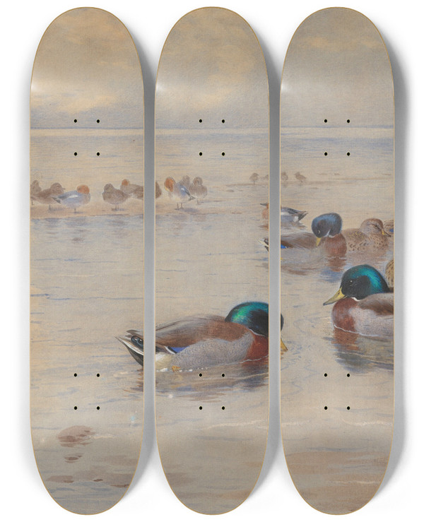 Triptych art skateboard deck of Archibald Thorburn Mallards On A Lake by Archibald Thorburn (1860-1935)