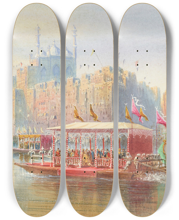 Triptych art skateboard deck of Nicholas Chevalier Benares by Nicholas Chevalier (1828-1902)