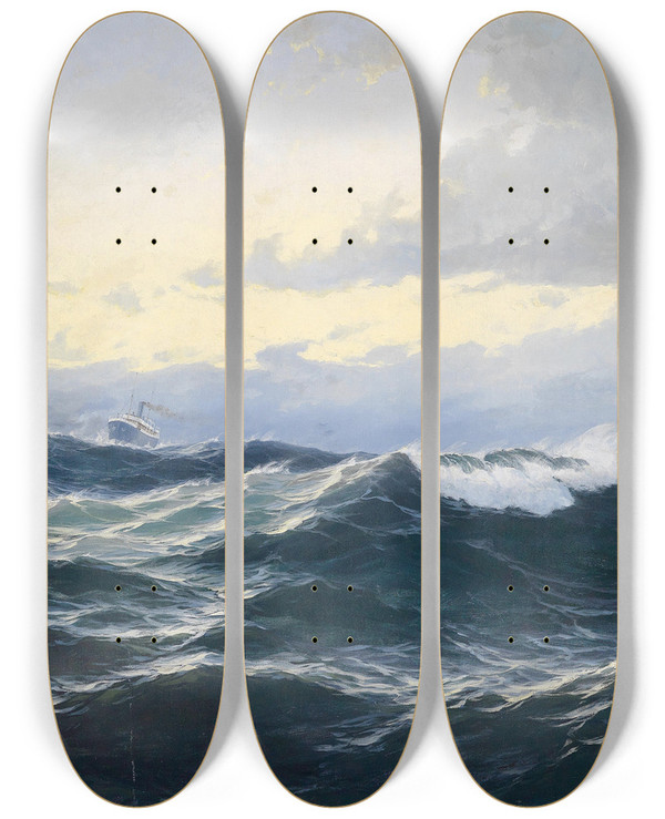 Triptych art skateboard deck of Max Jensen Marinestck Mit Dampfer by Max Jensen (1860-1907)