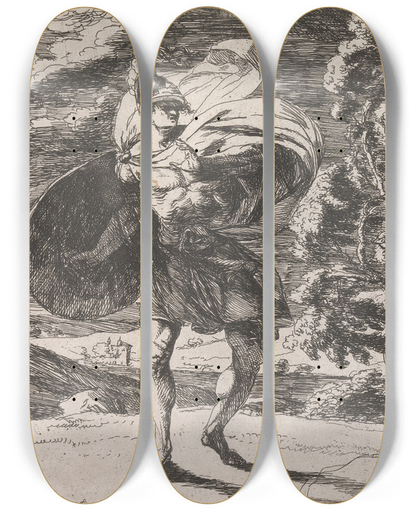 Triptych art skateboard deck of Alexander Runciman The Finding Of Cargloss by Alexander Runciman (1736-1785)