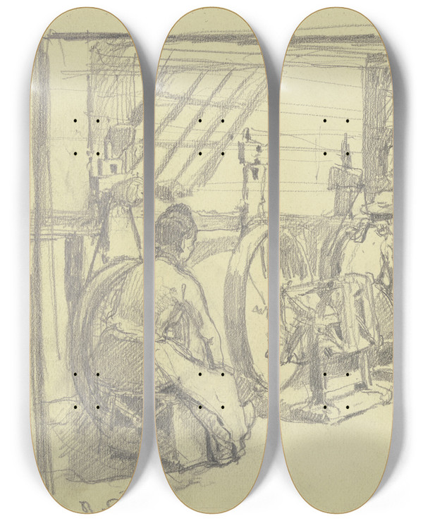 Triptych art skateboard deck of Rudolf Gudden Interieur Und Arbeiter Der Groen Spinnerei Von Edam by Rudolf Gudden (1863-1935)