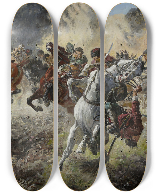 Triptych art skateboard deck of Stanisaw Batowskikaczor Grenade Exploding by Stanislaw Batowski Kaczor (1866-1946)