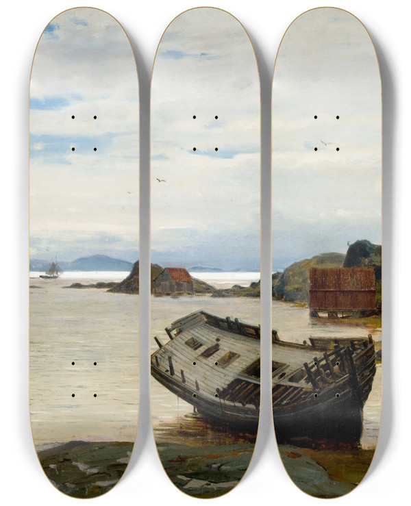 Triptych art skateboard deck of Amaldus Nielsen Jaktevrak Lve by Amaldus Nielsen (1838-1932)