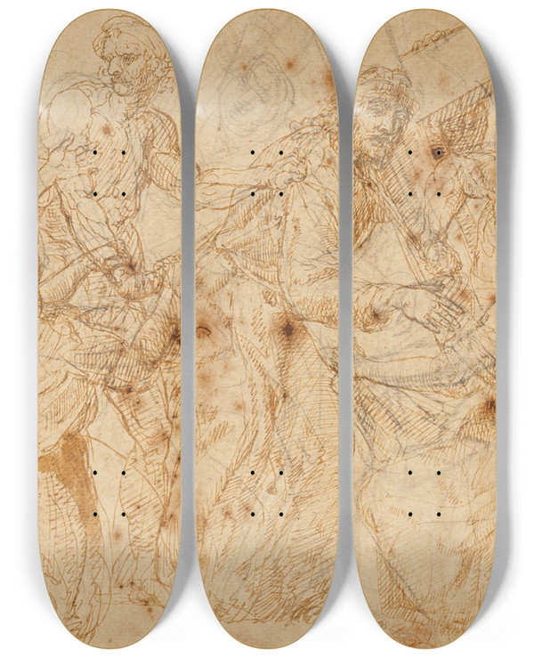 Triptych art skateboard deck of Joan Macip Christ Carrying The Cross_2 by Joan Macip (1507-1579)