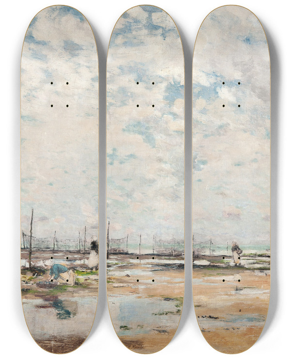 Triptych art skateboard deck of Axel Lindman The Beach At Villerville Normandy by Axel Lindman (1848-1930)