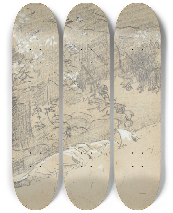 Triptych art skateboard deck of Winslow Homer Shepherdess Resting Under A Tree by Winslow Homer (1836-1910)