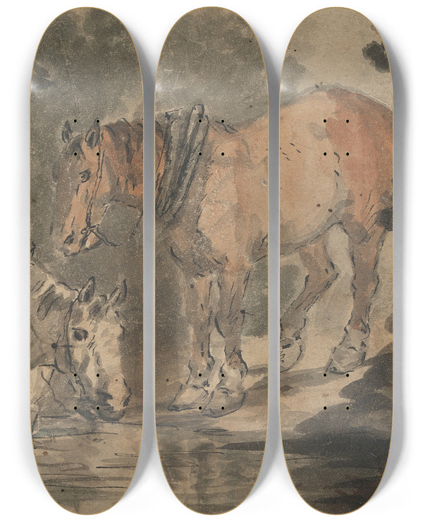 Triptych art skateboard deck of Conrad Gessner Man Watering Four Horses by Conrad Gessner (1764-1826)
