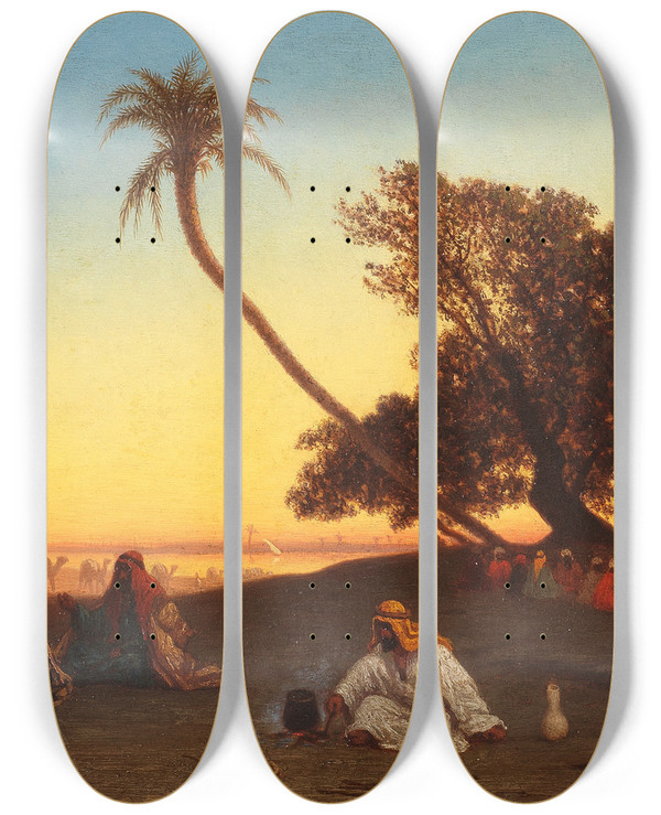 Triptych art skateboard deck of Charles Thodore Frre Crpuscule Aux Bords De Nile by Charles Theodore Frere (1814-1888)