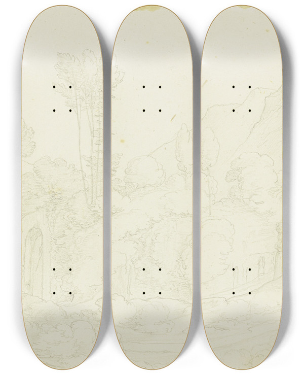 Triptych art skateboard deck of Fritz Bamberger Landscape Near Subiaco by Fritz Bamberger (1814-1873)