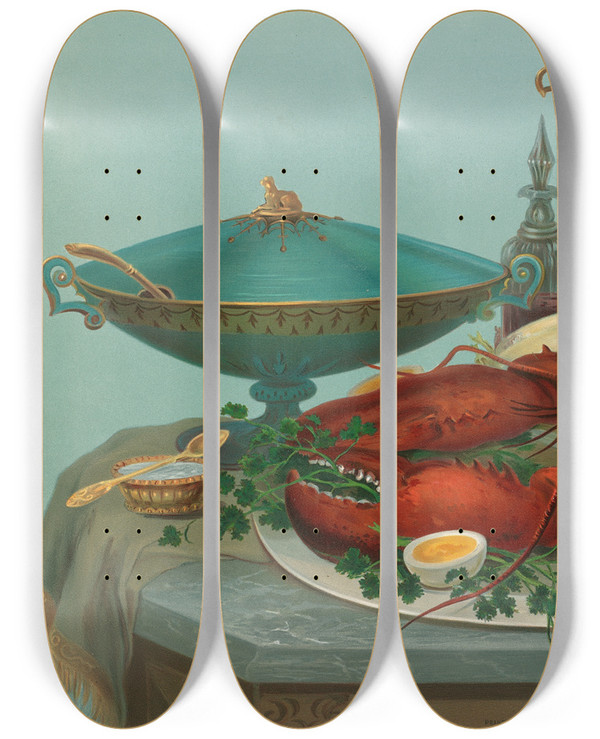 Triptych art skateboard deck of Robert Wilkie Lobster Eggs Celery by Robert Wilkie (1828-1903)