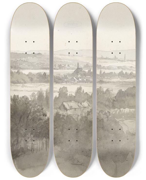 Triptych art skateboard deck of Willem Bodeman Gezicht Op Een Dal by Willem Bodeman (1806-1880)