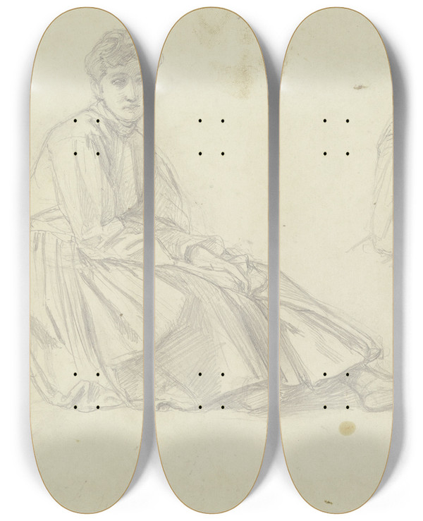 Triptych art skateboard deck of Jakob Becker Studienblatt Eine Sitzende Und Eine Lesende Frau Ein Kind Sowie Ein Sitzender Weiblicher Akt Nach Links by Jakob Becker (1810-1872)