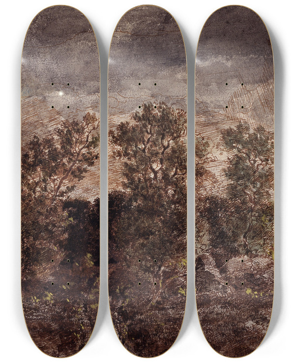 Triptych art skateboard deck of Thodore Rousseau Landscape With Thunderstorms by Theodore Rousseau (1812-1867)
