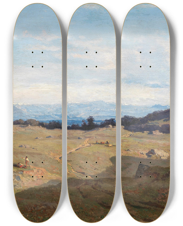 Triptych art skateboard deck of Pierre Thuillier A View Of An Alpine Landscape by Pierre Thuillier (1799-1858)