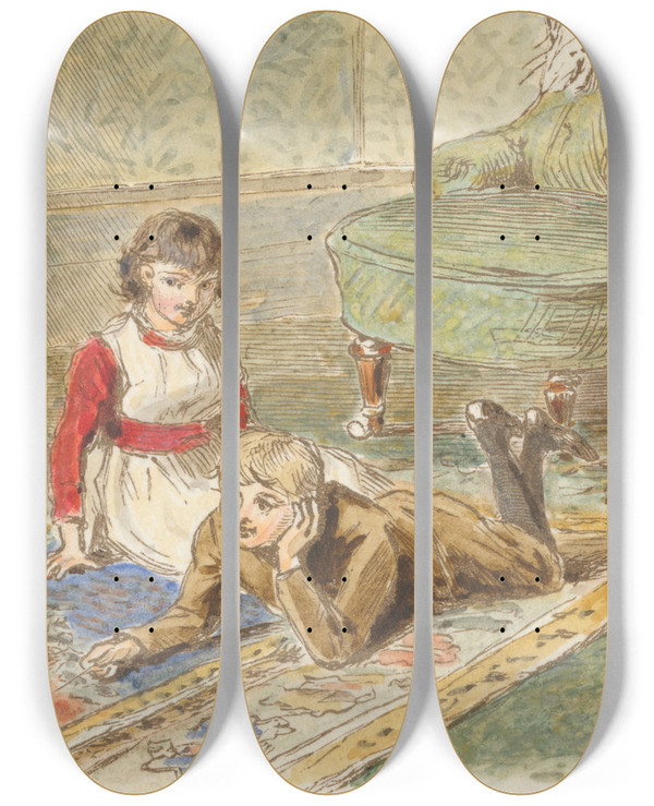 Triptych art skateboard deck of Alfred W Cooper About Cats by Alfred W Cooper