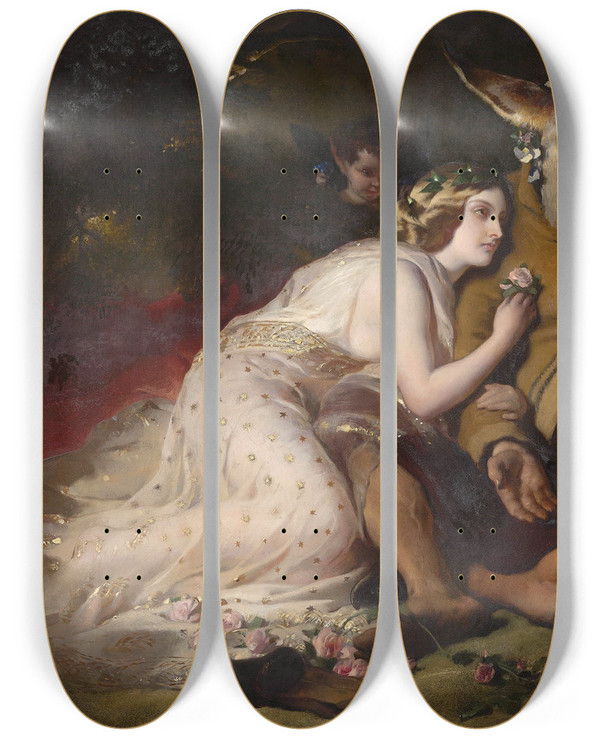 Triptych art skateboard deck of Sir Edwin Henry Landseer Scene From A Midsummer Nights Dream Titania And Bottom by Sir Edwin Henry Landseer (1802-1873)