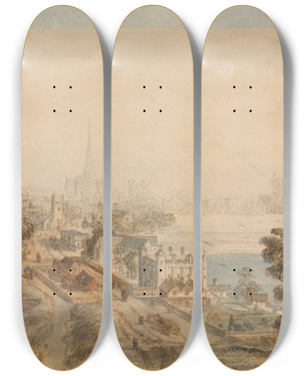Triptych art skateboard deck of William Henry Pyne Old London View From St James Park Looking East_1 by William Henry Pyne (1769-1843)