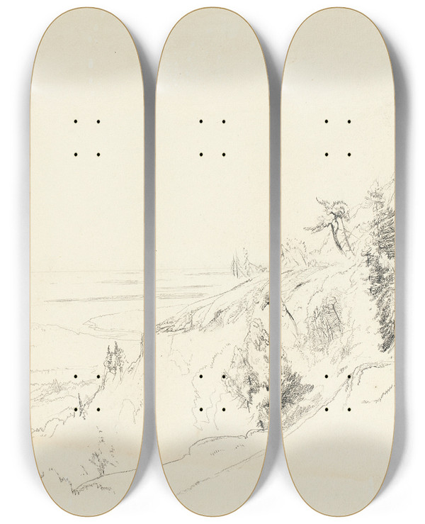 Triptych art skateboard deck of Aaron Draper Shattuck Mount Desert by Aaron Draper Shattuck (1832-1928)
