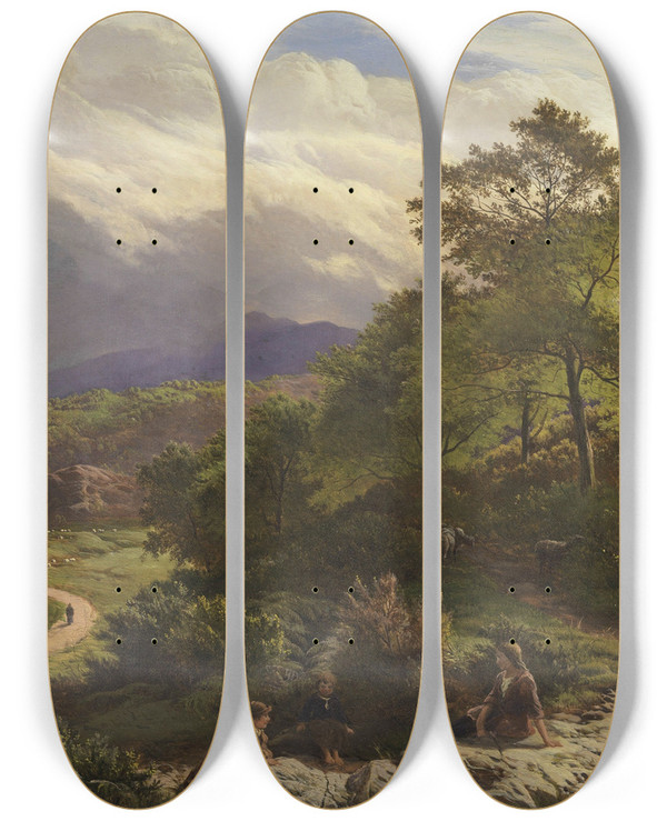 Triptych art skateboard deck of Sidney Richard Percy Figures Resting In A Mountain Landscape by Sidney Richard Percy (1821-1886)