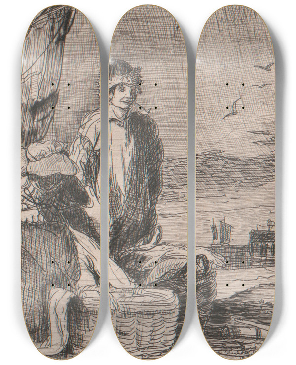 Triptych art skateboard deck of Joseph Stannard Fisherfolk Mending Their Nets by Joseph Stannard (1797-1830)